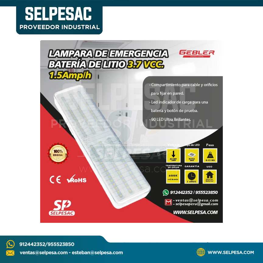 GEBLER - LUZ DE EMERGENCIA BATERÍA DE LITIO 3.7VCC. 1.5Amp/h
