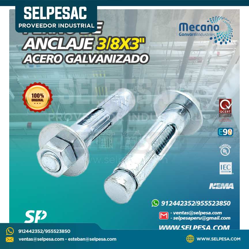 MECANO - PERNO DE ANCLAJE 3/8 X 3´´ ACERO GALVANIZADO