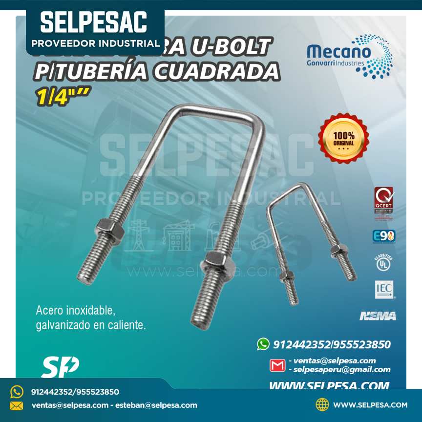 MECANO - ABRAZADERA U- BOLT CON PERNO TUBERÍA CUADRADA 1/4´´