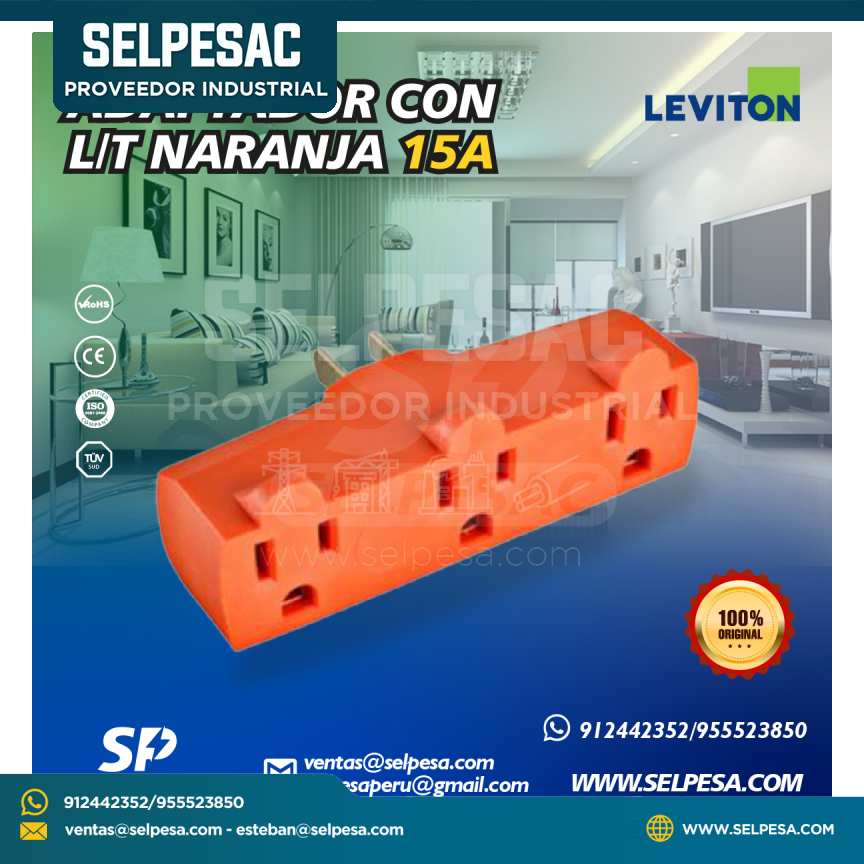 LEVITON - ADAPTADOR CON L/T 15A NARANJA 1 A 3 SALIDAS