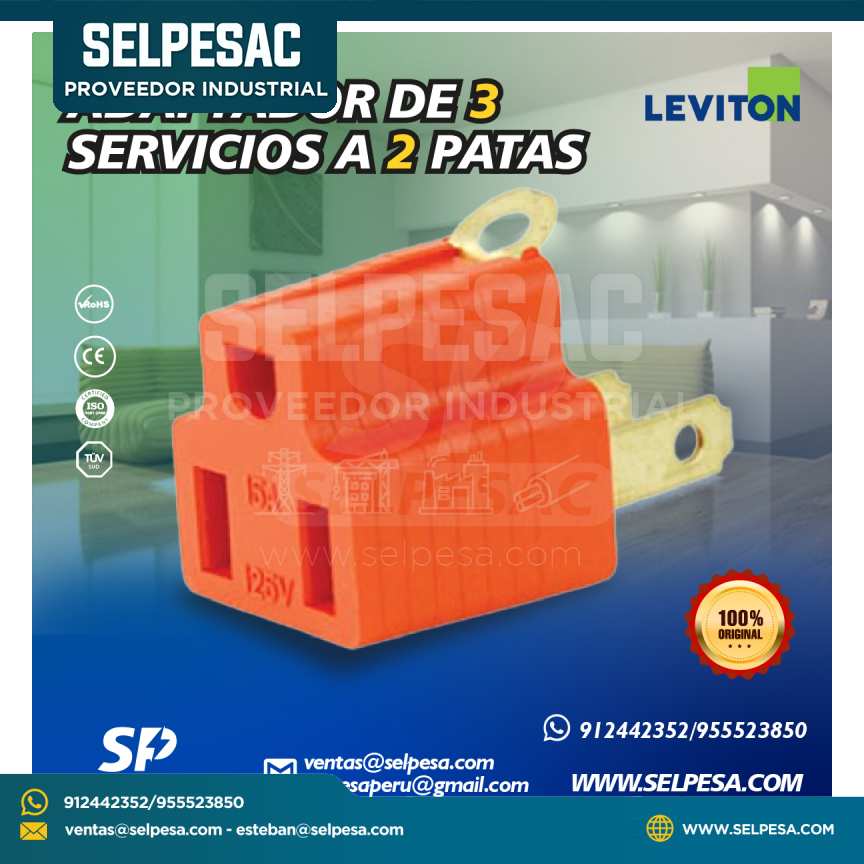 LEVITON - ADAPTADOR DE ENCUHFE 3 SERVICIOS A 2 PATAS