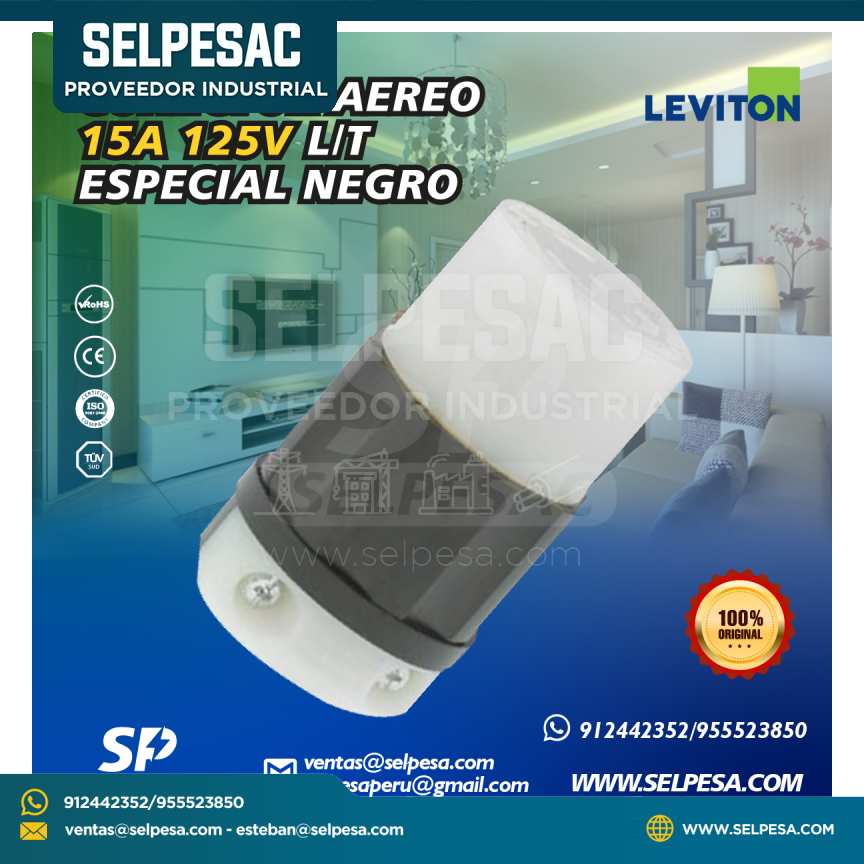 LEVITON - CONECTOR AÉREO 15A 125V L/T ESPECIAL - NEGRO