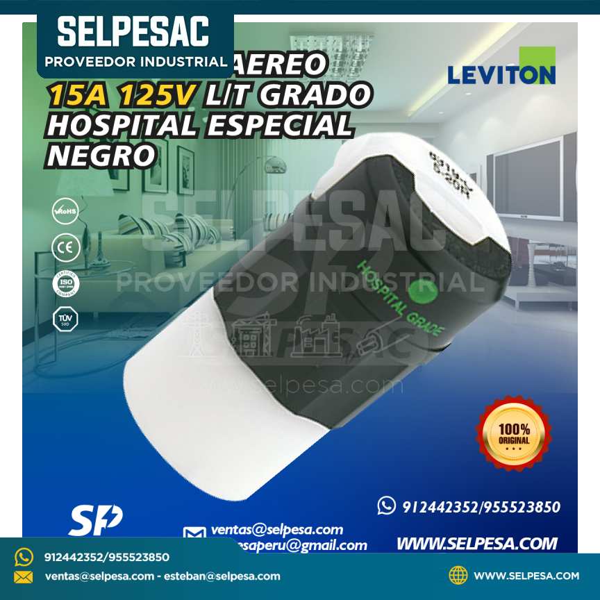 LEVITON - CONECTOR AÉREO 15A 125V L/T GRADO HOSPITAL NEGRO