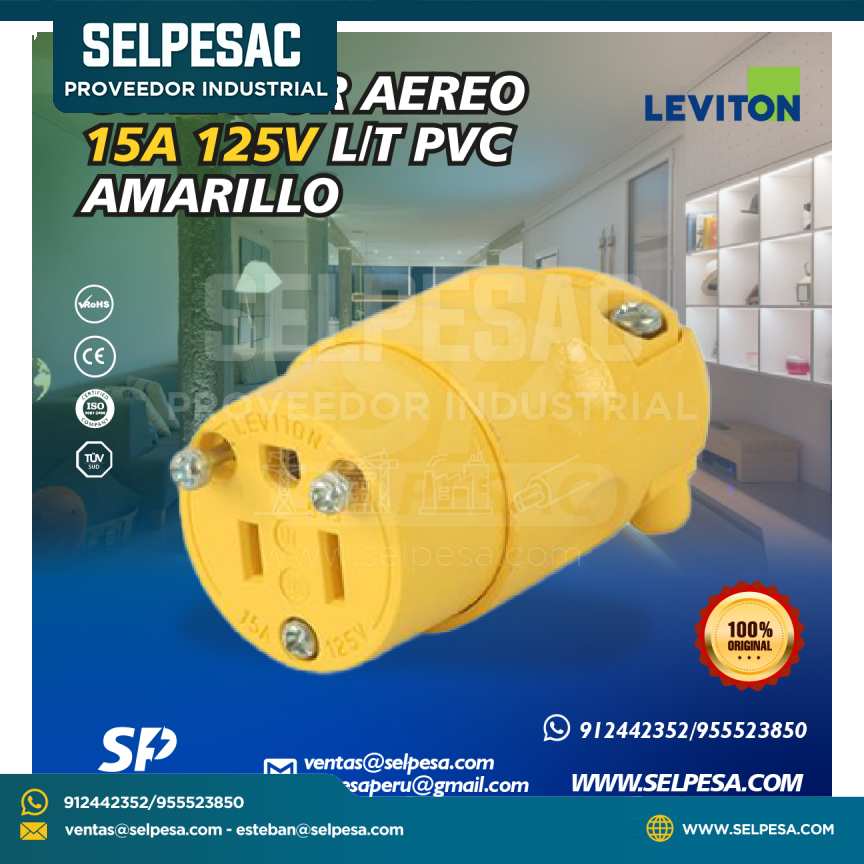 LEVITON - CONECTOR AÉREO 15A 125V L/T PVC AMARILLO
