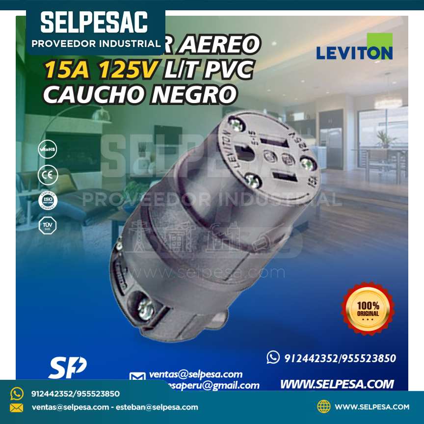 LEVITON - CONECTOR AÉREO 15A 125V L/T PVC CAUCHO NEGRO