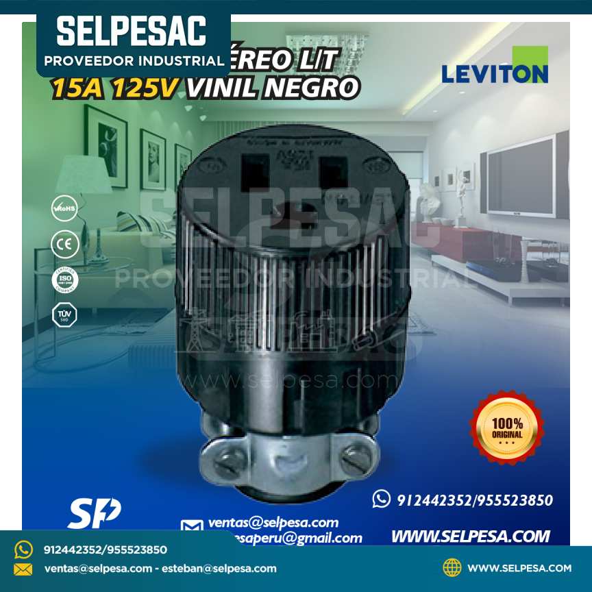 LEVITON - CONECTOR AÉREO L/T 15A 125V VINIL NEGRO