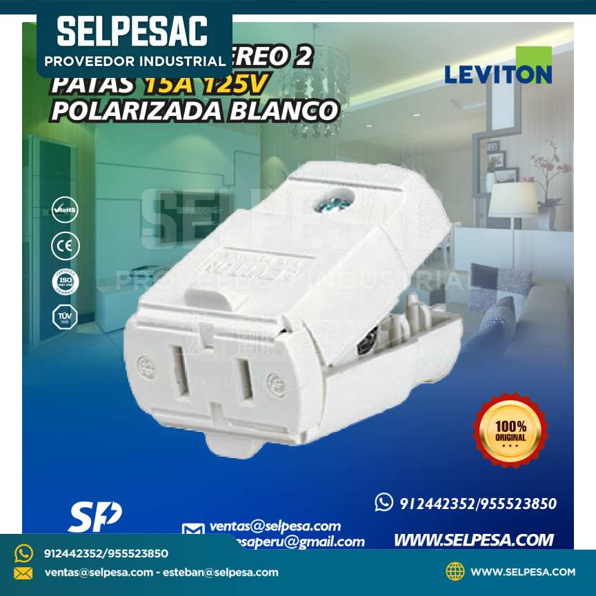 LEVITON - CONECTOR AÉREO 2 PATAS 15A 125V POLARIZADA BLANCO