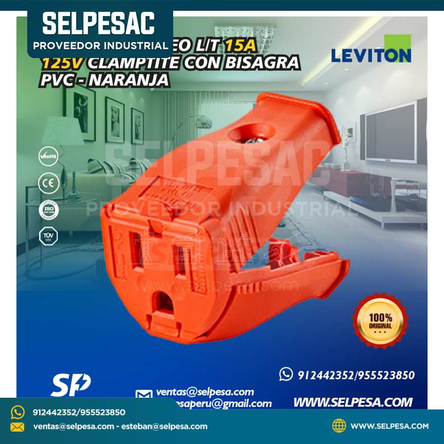 LEVITON - CONECTOR AÉREO L/T 15A 125V CLAMPTITE CON VISAGRA PVC NARANJA