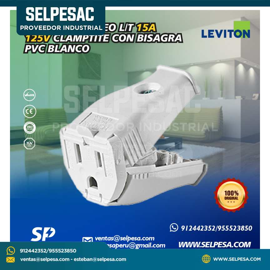 LEVITON - CONECTOR AÉREO L/T 15A 125V CLAMPTITE CON VISAGRA PVC BLANCO