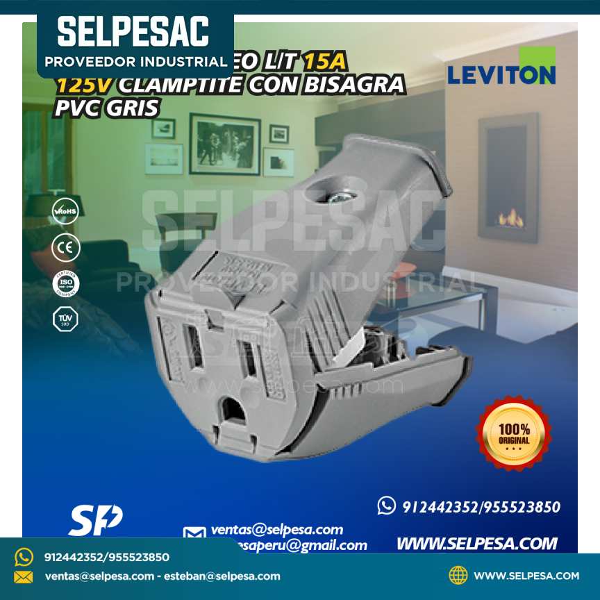LEVITON - CONECTOR AÉREO L/T 15A 125V CLAMPTITE CON VISAGRA PVC GRIS
