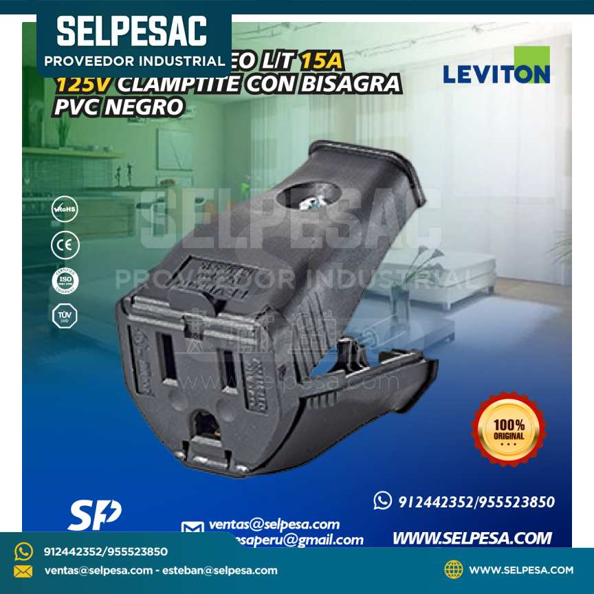 LEVITON - CONECTOR AÉREO L/T 15A 125V CLAMPTITE CON VISAGRA PVC NEGRO