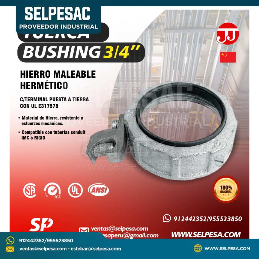 JJ - TUERCA BUSHING 3/4´´ HIERRO MALEABLE HERMÉTICO C/TERMINAL PUESTA A TIERRA CON UL