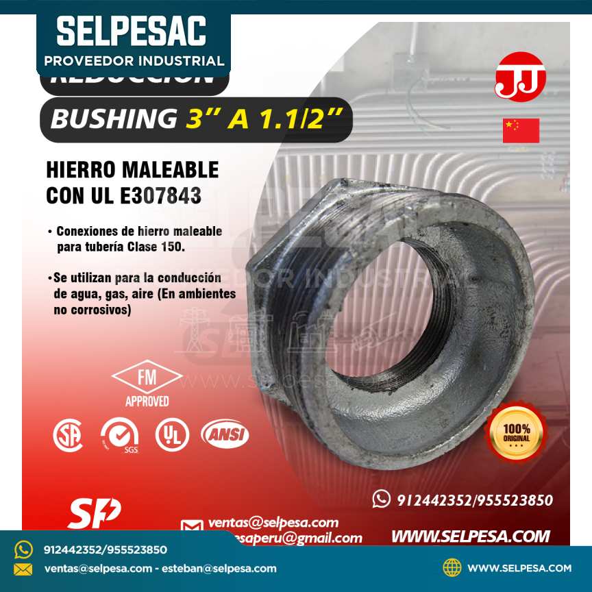 JJ - REDUCCIÓN BUSHING 3´´ A 1. 1/2´´ HIERRO MALEABLE CON UL