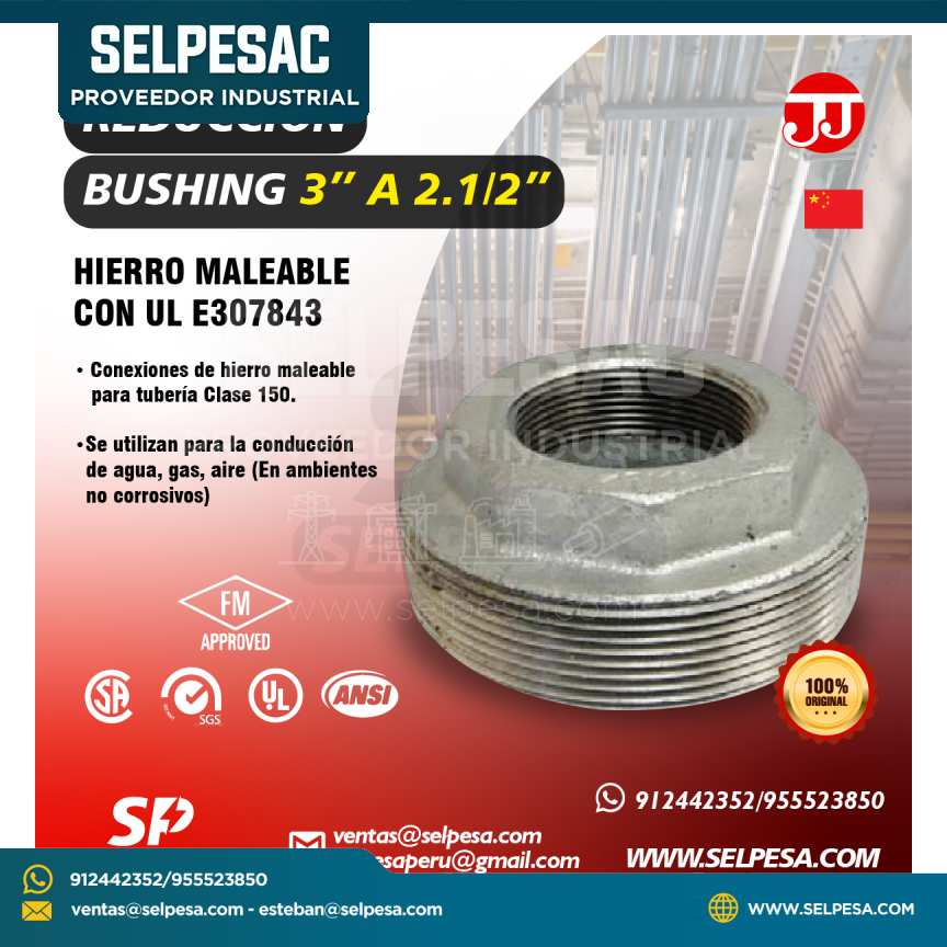 JJ - REDUCCIÓN BUSHING 3´´ A 2. 1/2´´ HIERRO MALEABLE CON UL