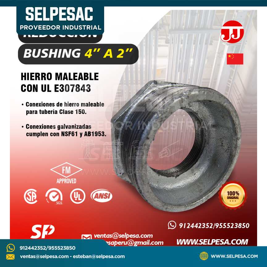 JJ - REDUCCIÓN BUSHING 4´´ A 2´´ HIERRO MALEABLE CON UL