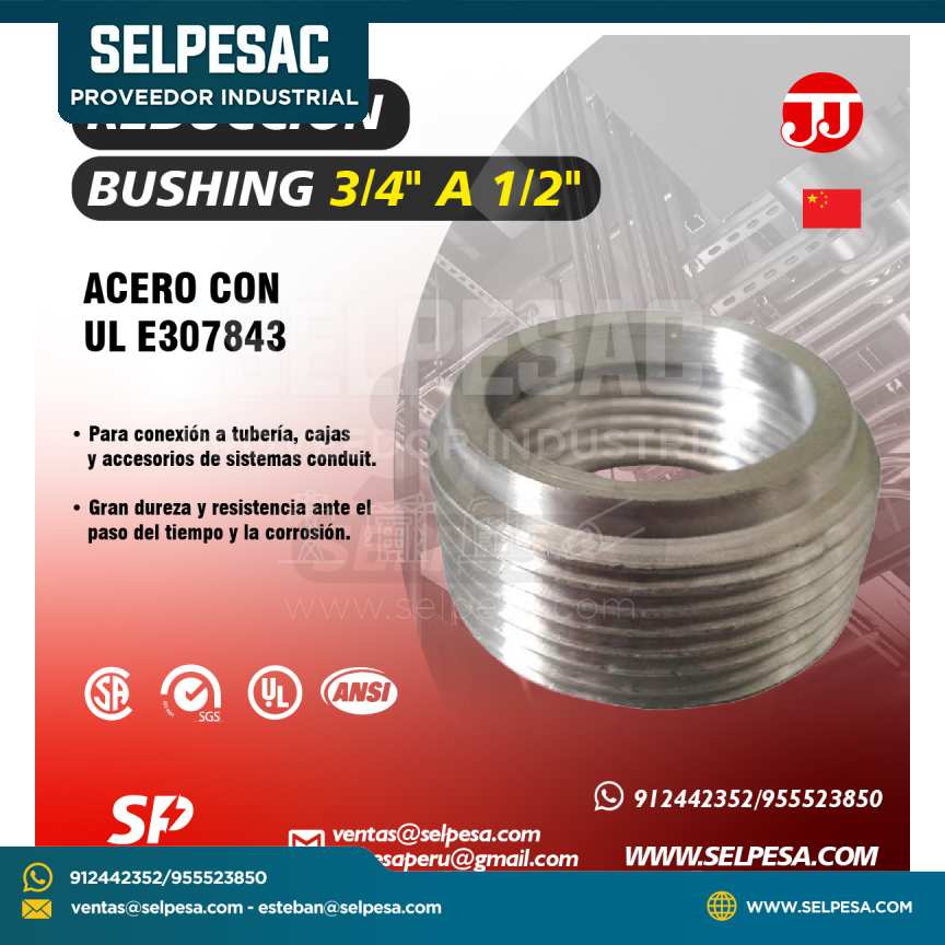 JJ - REDUCCIÓN BUSHING 3/4´´ A 1/2´´ HIERRO MALEABLE CON UL