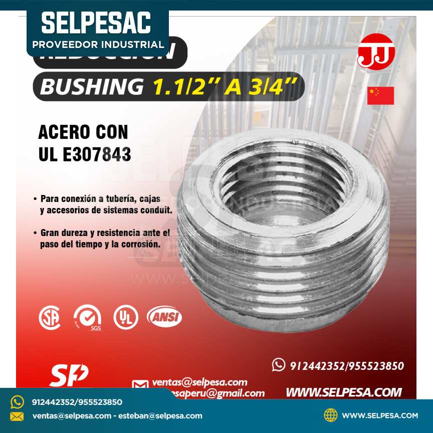 JJ - REDUCCIÓN BUSHING 1. 1/2´´ A 3/4´´ HIERRO MALEABLE CON UL