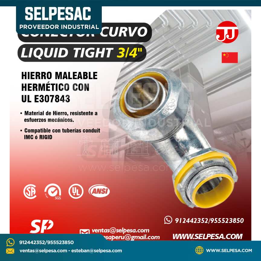 JJ - CONECTOR CURVO LIQUID TIGHT 3/4´´ HIERRO MALEABLE HERMÉTICO