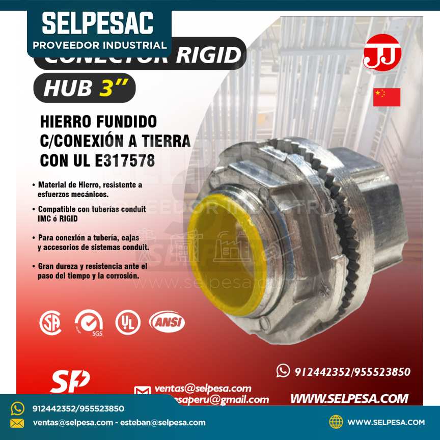 JJ - CONECTOR RIGID HUB 3´´ HIERRO FUNDIDO C/CONEXIÓN A TIERRA CON UL