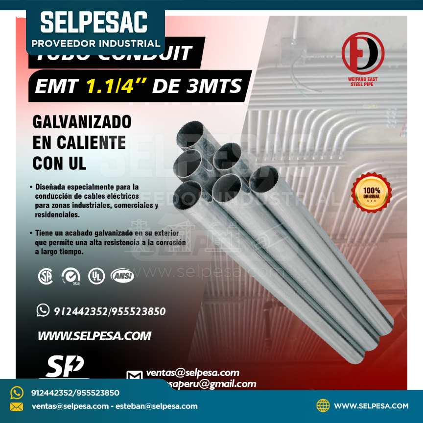 WEIFANG - TUBO CONDUIT EMT 1. 1/4´´ DE 3MTS GALV. EN CALIENTE CON UL
