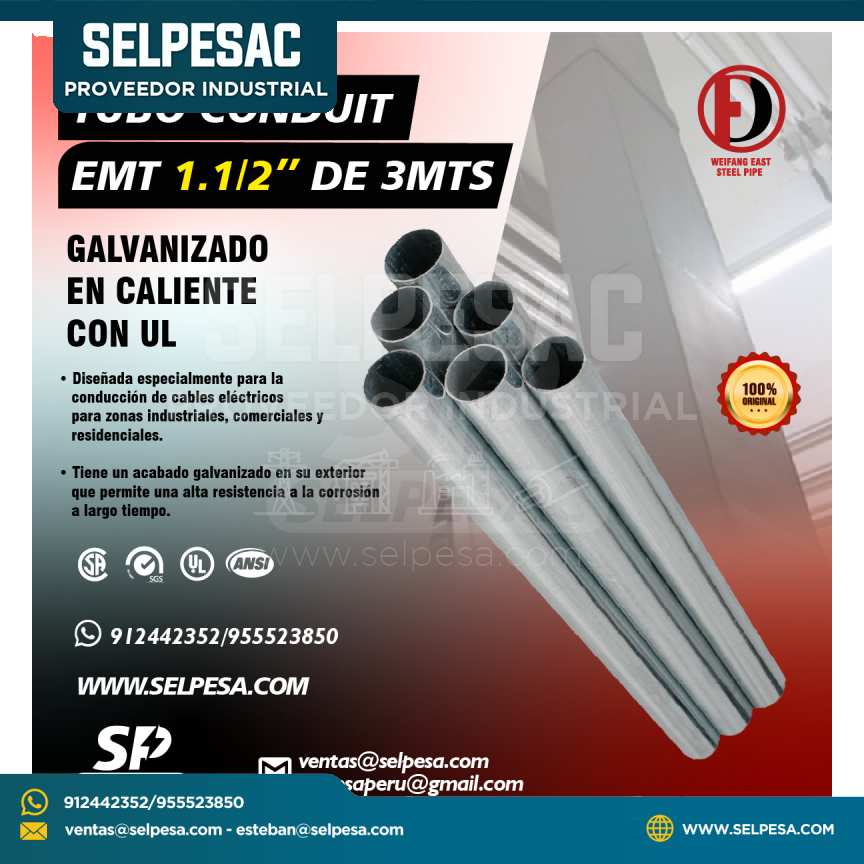 WEIFANG - TUBO CONDUIT EMT 1. 1/2´´ DE 3MTS GALV. EN CALIENTE CON UL