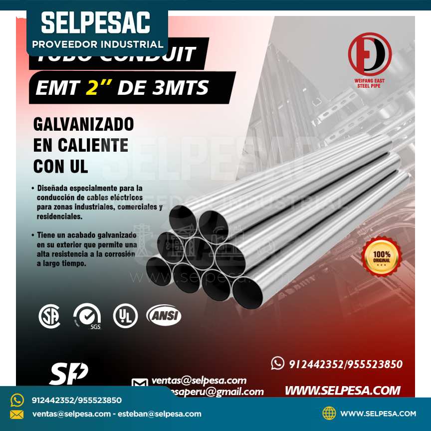 WEIFANG - TUBO CONDUIT EMT 2´´ DE 3 MTS GALV. EN CALIENTE CON UL