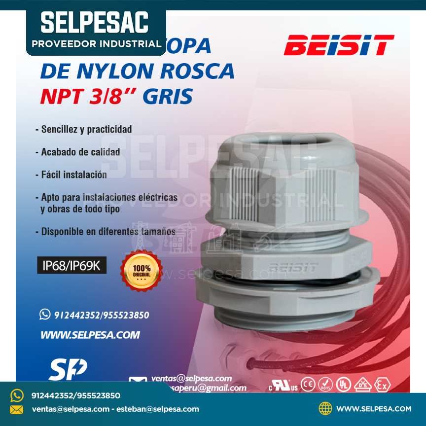 BEISIT - PRENSAESTOPA DE NYLON ROSCA NTP 3/8´´ GRIS
