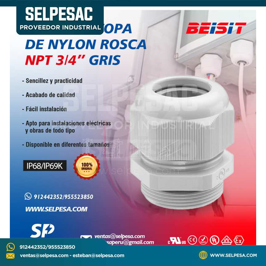 BEISIT - PRENSAESTOPA DE NYLON ROSCA NTP 3/4´´ GRIS