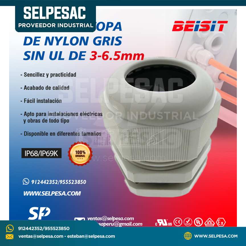 BEISIT - PRENSAESTOPA DE NYLON GRIS SIN UL 3-6.5mm