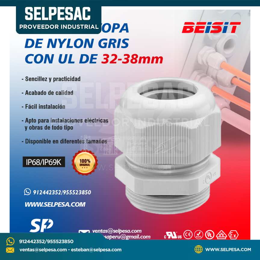 BEISIT - PRENSAESTOPA DE NYLON GRIS SIN UL 32-38mm
