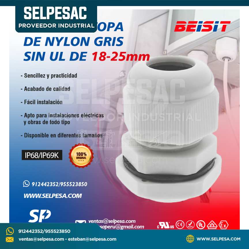 BEISIT - PRENSAESTOPA DE NYLON GRIS SIN UL 18-25mm