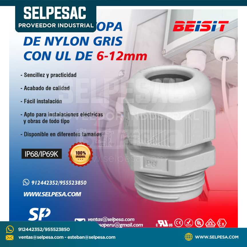 BEISIT - PRENSAESTOPA DE NYLON GRIS CON UL 6-12mm