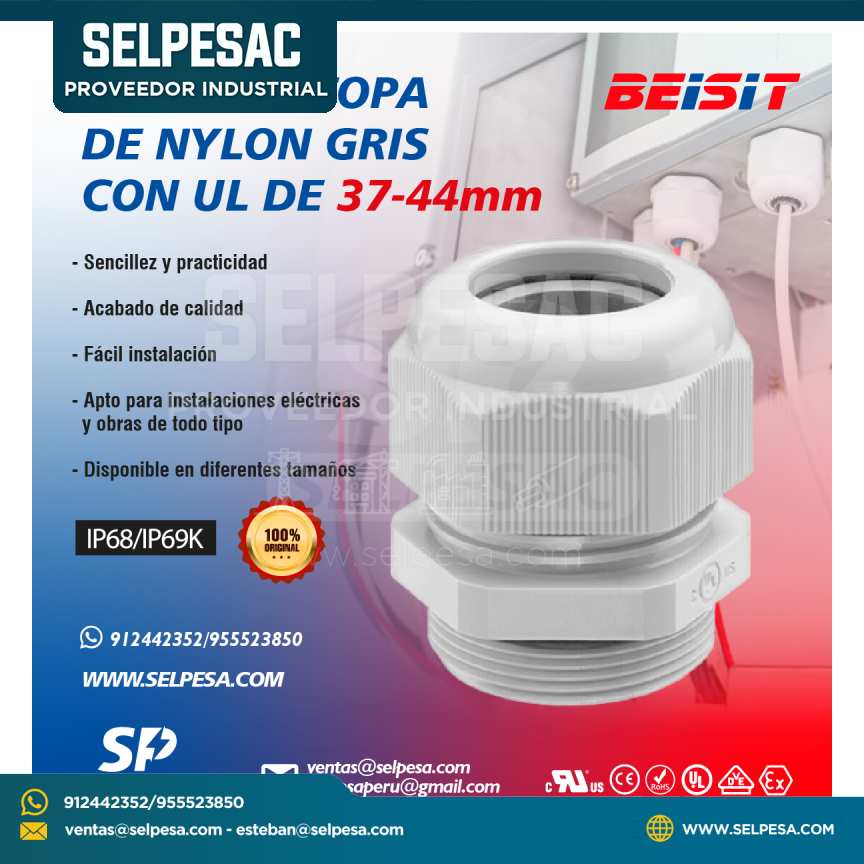 BEISIT - PRENSAESTOPA DE NYLON GRIS CON UL 37-44mm