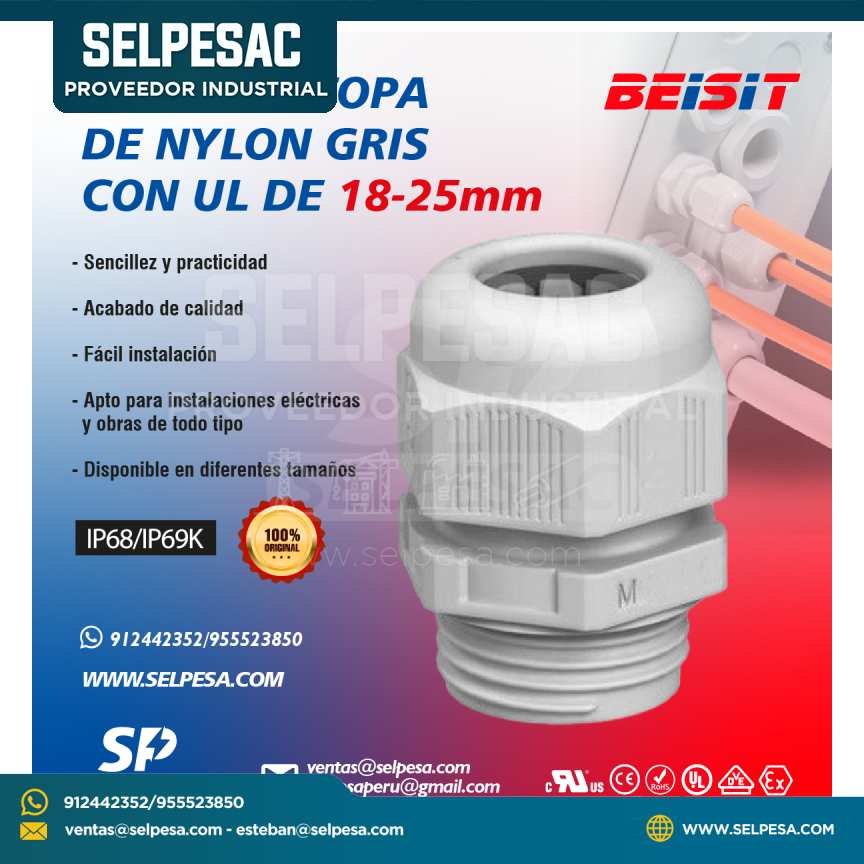 BEISIT - PRENSAESTOPA DE NYLON GRIS CON UL 18-25mm