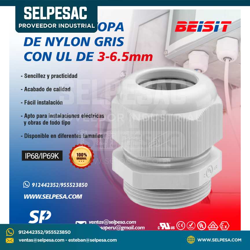 BEISIT - PRENSAESTOPA DE NYLON GRIS CON UL 3-6.5mm
