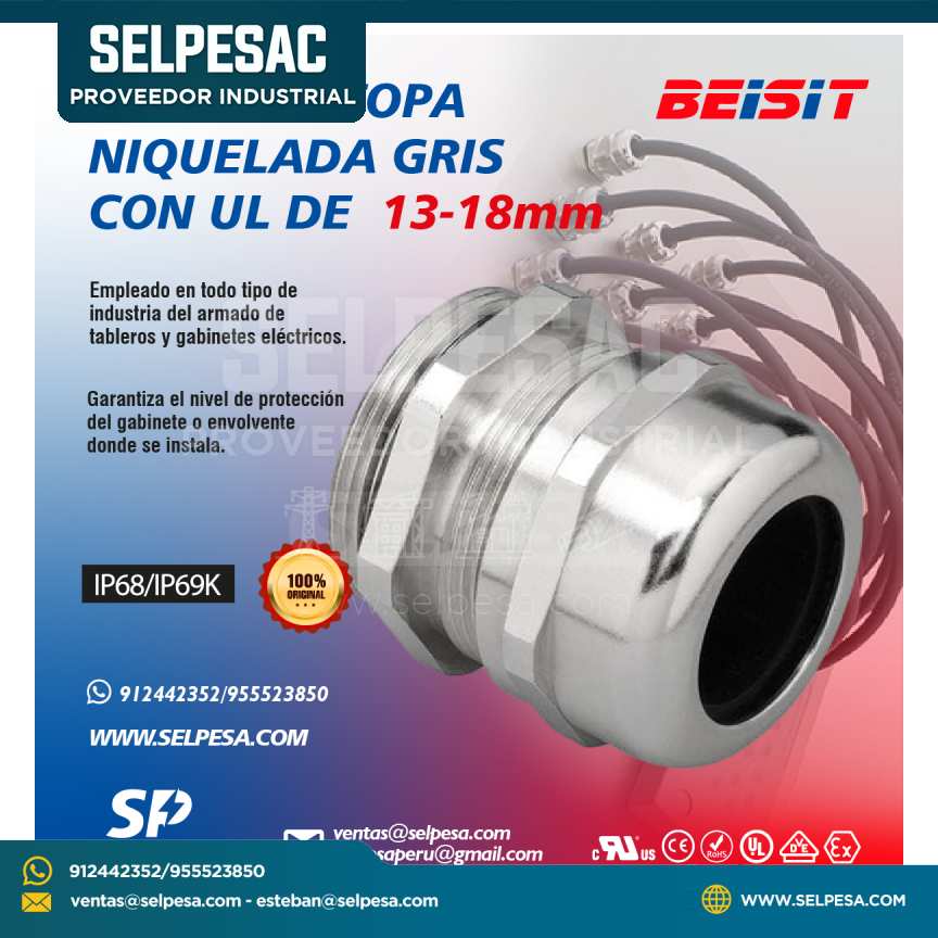 BEISIT - PRENSAESTOPA NIQULADA GRIS CON UL DE 13-18mm