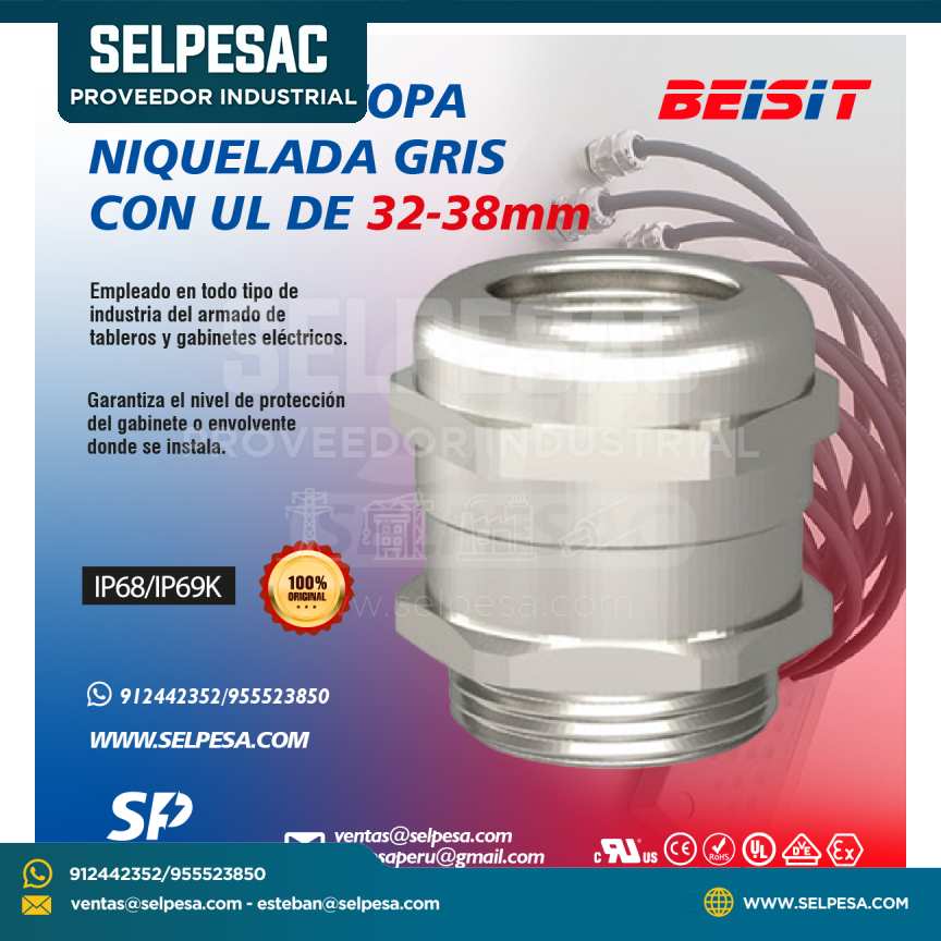 BEISIT - PRENSAESTOPA NIQULADA GRIS CON UL DE 32-38mm