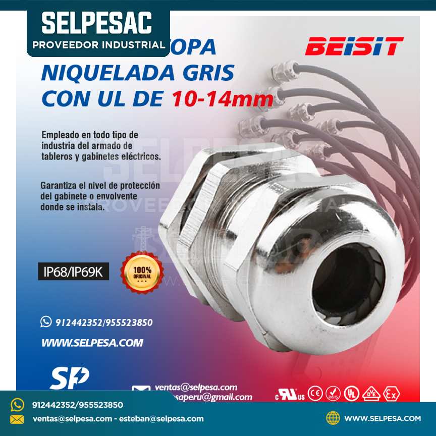 BEISIT - PRENSAESTOPA NIQULADA GRIS CON UL DE 10-14mm