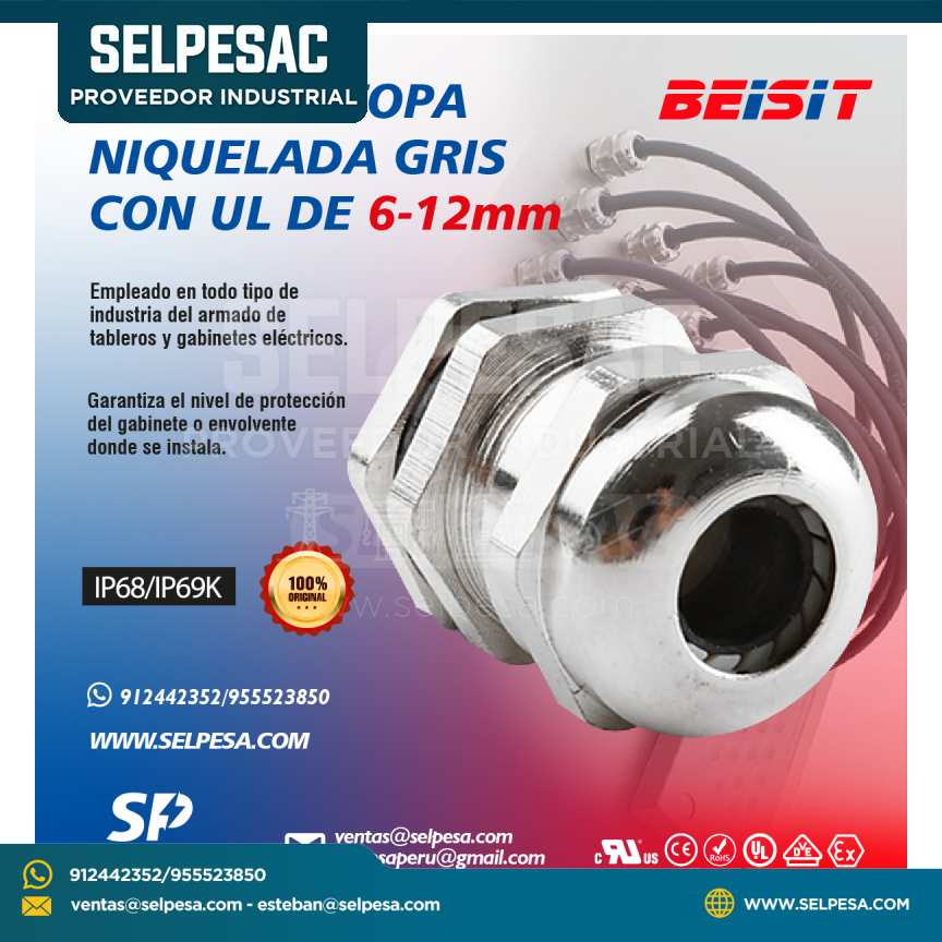 BEISIT - PRENSAESTOPA NIQULADA GRIS CON UL DE 6-12mm