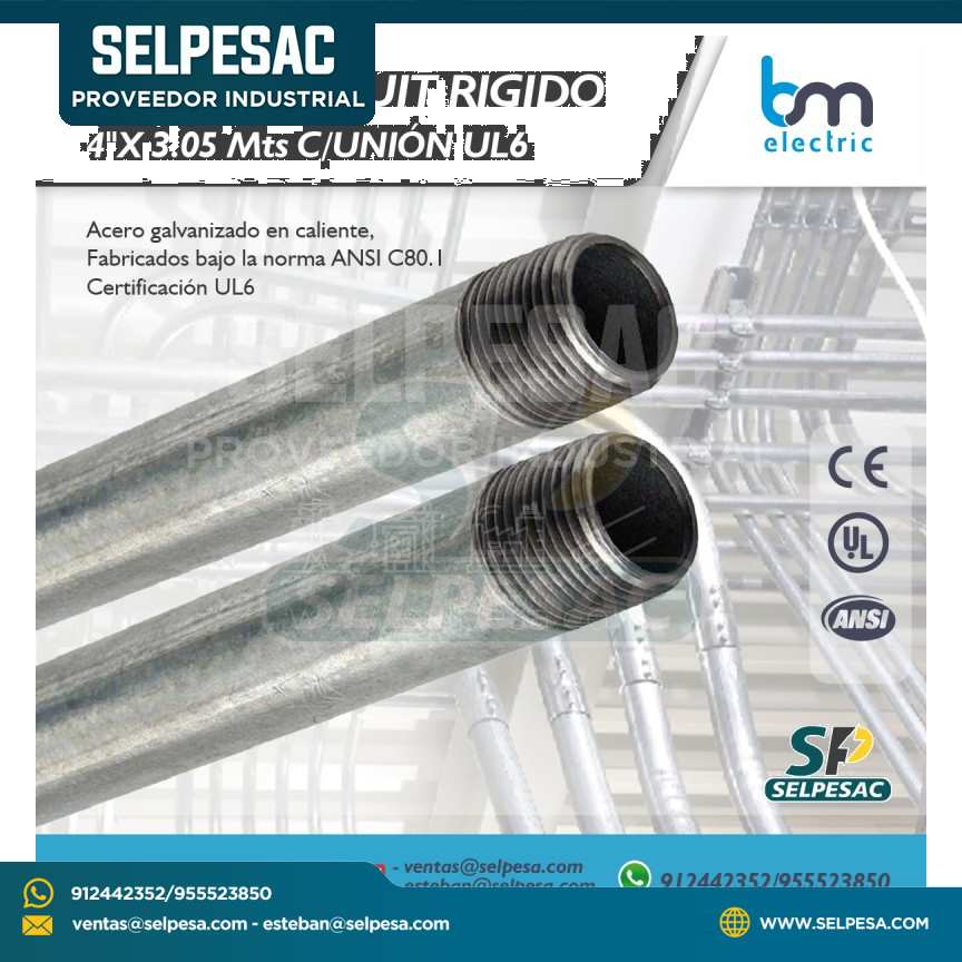BM ELECTRIC - TUBERÍA CONDUIT RIGIDA 4´´ X 3.05 M C/UNIÓN UL6