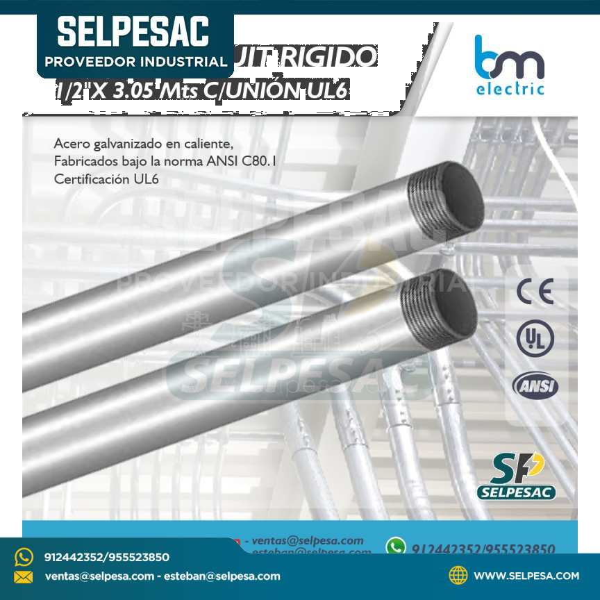BM ELECTRIC - TUBERÍA CONDUIT RIGIDA 1/2´´ X 3.05 M C/UNIÓN UL6