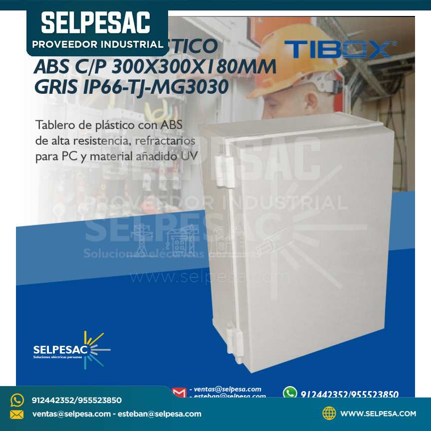 TIBOX - TABLERO PLÁSTICO ABS C/P 300X300X180MM GRIS IP66- TJ-MG3030