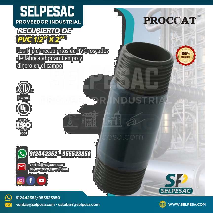 PROCOAT - NIPLE DE ACERO RECUBIERTO DE PVC-1/2´´ X 2´´