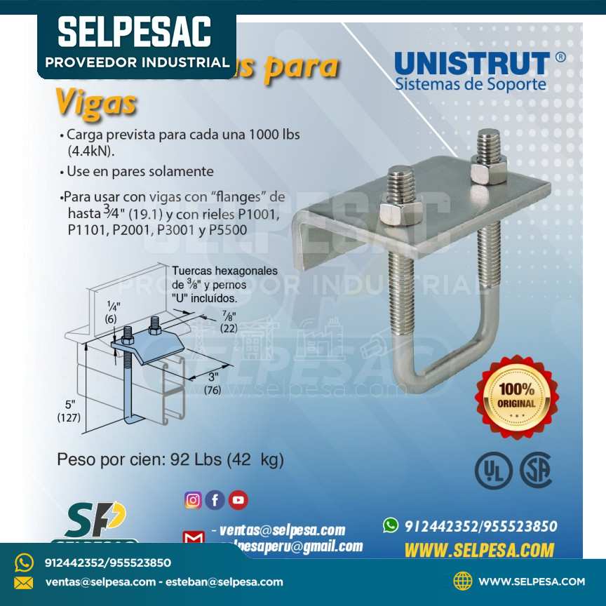 UNISTRUT - ABRAZDERA PARA VIGAS CON MONTAJE 3/4´´ ACERO INOX- UL