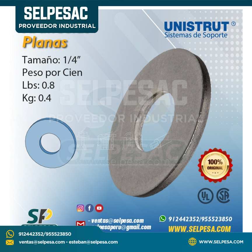 UNISTRUT - ARANDELAS PLANAS DE ACERO INOX. 0.4KG UL