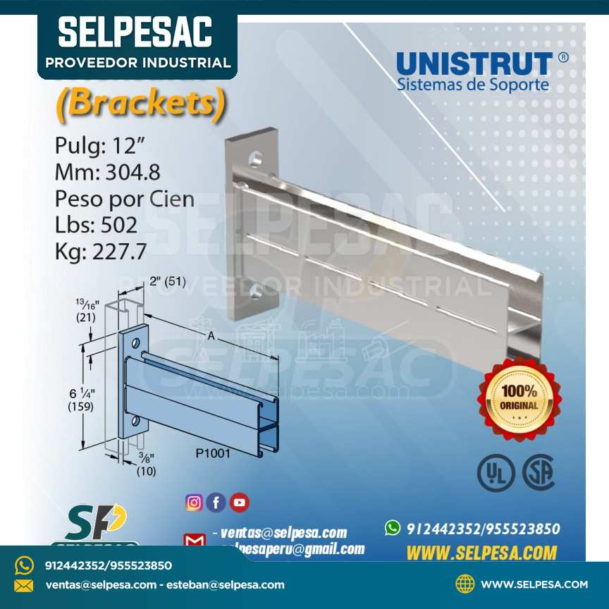 UNISTRUT - MÉNSULA UNICANAL PARA SOPORTE 12´´ ACERO GALVA.