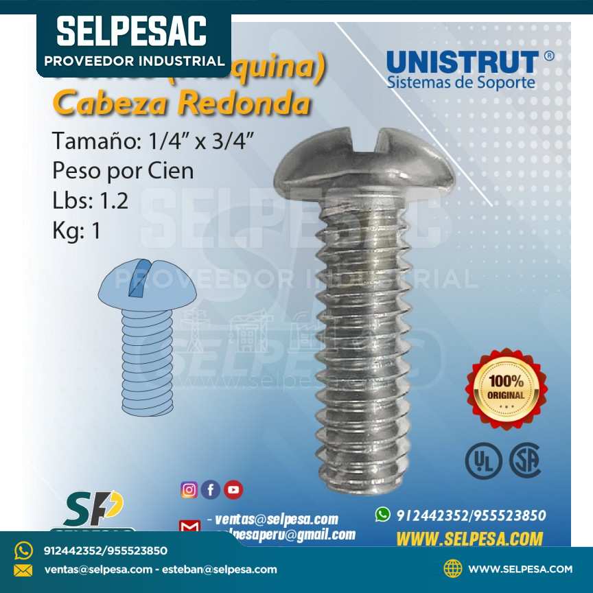 UNISTRUT - PERNOS CABEZA REDONDA 1/4´´ X 3/4´´ ACERO INOX.