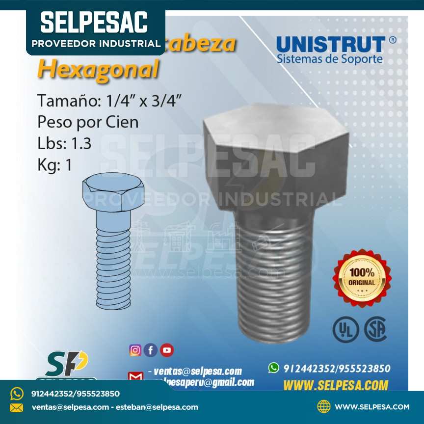 UNISTRUT - PERNOS DE CABEZA HEXAGONAL - 1/4´´ X 3/4´´UL
