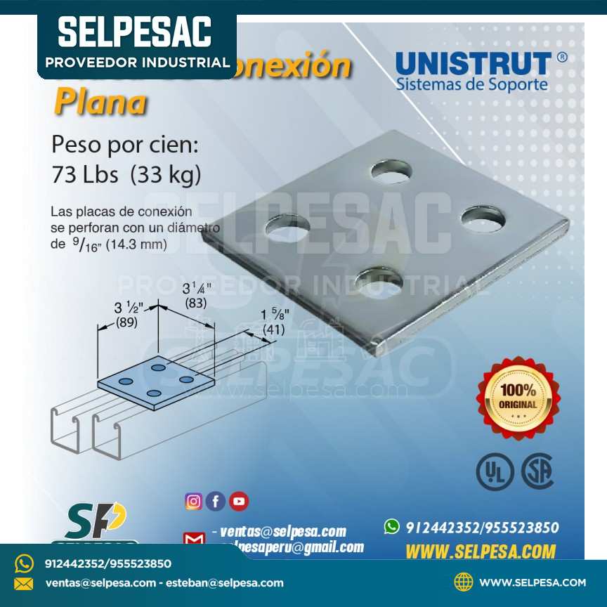 UNISTRUT - PLACA DE CONEXIÓN PLANA ACERO GALVAN . UL