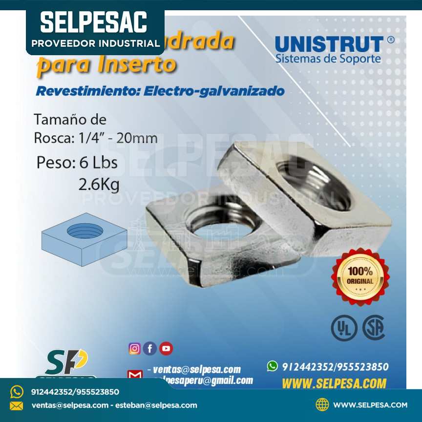UNISTRUT - TUERCA CUADRADA PARA INSERTO 1/4´´
